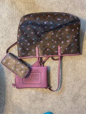 Coach Brown Signature Tote with Pink Floral Print and Purple Leather Accents